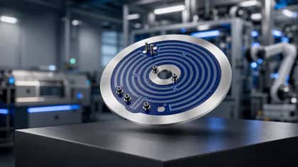 View 2: Angled product view of a circular stainless steel thick film heater with printed blue heating tracks