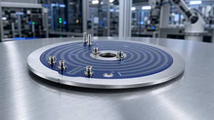 View 4: Low profile view of a round stainless steel thick film heater plate on an inspection bench