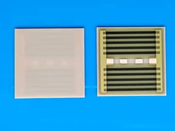 View 2: AlN thick film heater shown from printed and opposite faces with square ceramic geometry