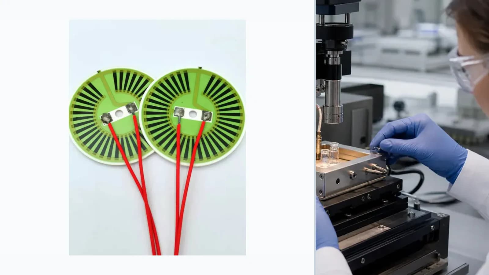 Composite view of cataloged light-green glazed ceramic heater or circuit products paired with representative laboratory or medical-instrument context for Sample-Preparation Thick Film Heater Integration