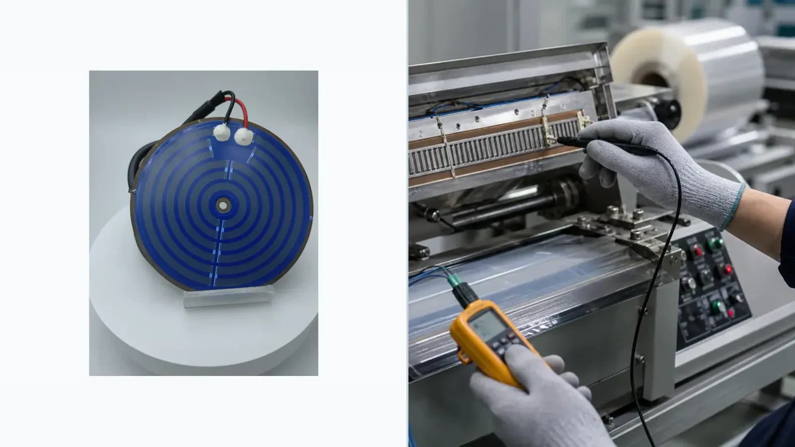 Composite view of cataloged stainless thick-film heater construction paired with representative packaging and sealing equipment for Packaging and Sealing Heater Integration