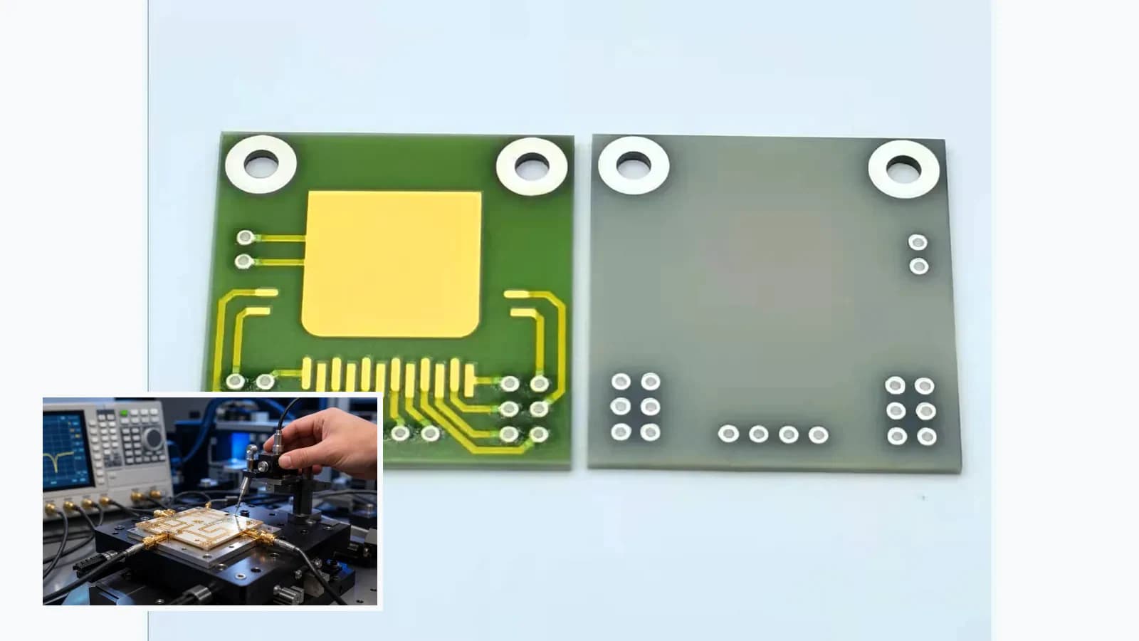 Composite view of cataloged gold-pattern ceramic circuits paired with representative RF or optoelectronic measurement context for RF and Microwave Ceramic Circuit Integration