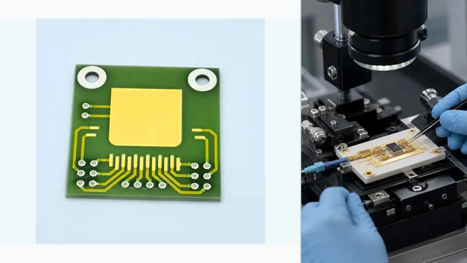 Composite view of cataloged gold-pattern ceramic circuits paired with representative RF or optoelectronic measurement context for Optoelectronic and Laser Submount Thermal Interface