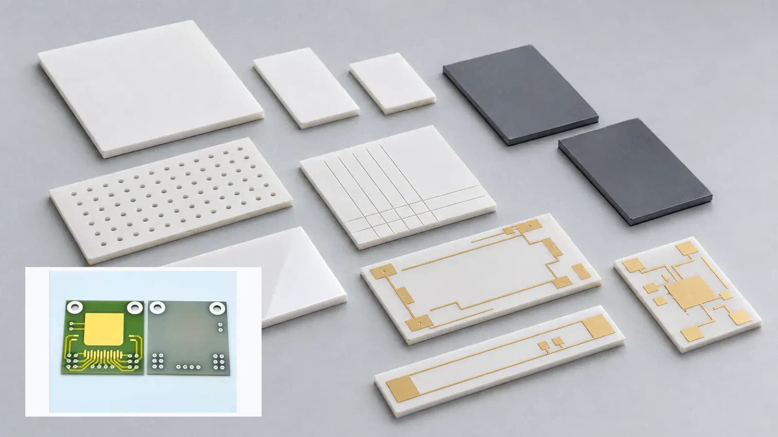 Composite view of bare, drilled, scribed, polished, and metallized ceramic substrate forms with related inspection or machining context for Aluminum Nitride Ceramic Substrate