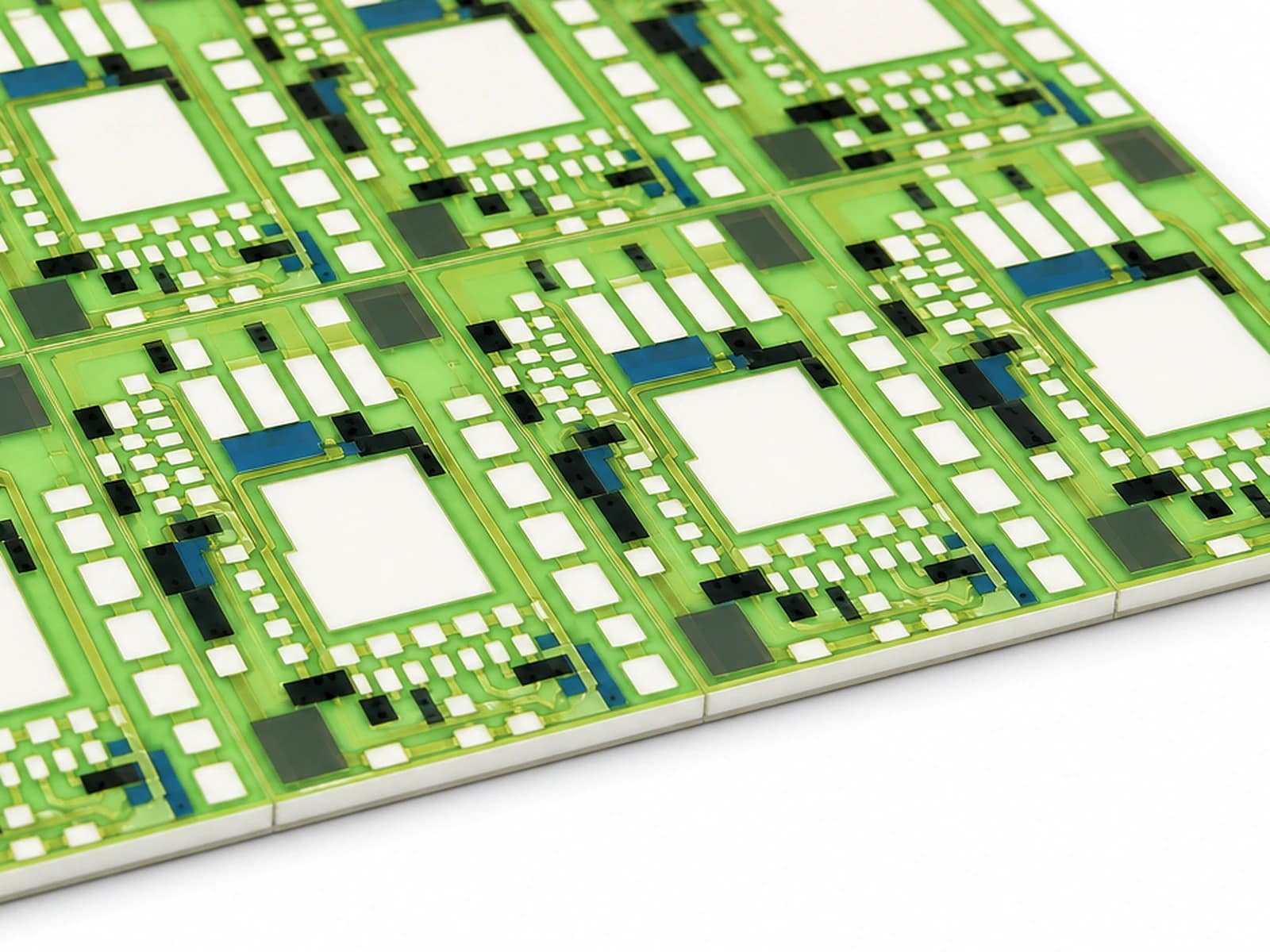 Close alumina thick film panel view showing printed geometry and terminal areas