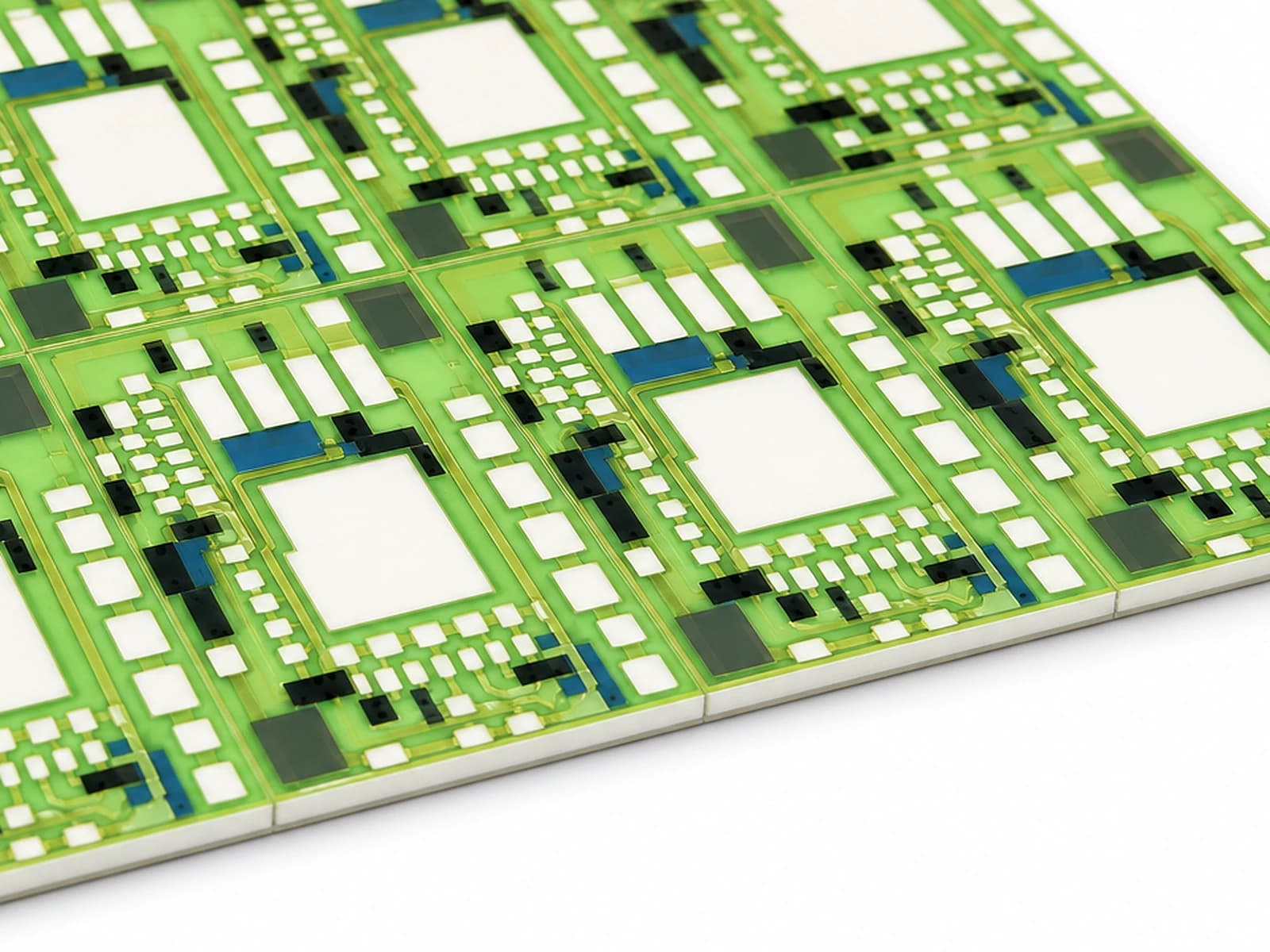 Close view of an actual alumina thick film circuit panel showing fired conductors, resistor areas, pads, protective glass, and score lines