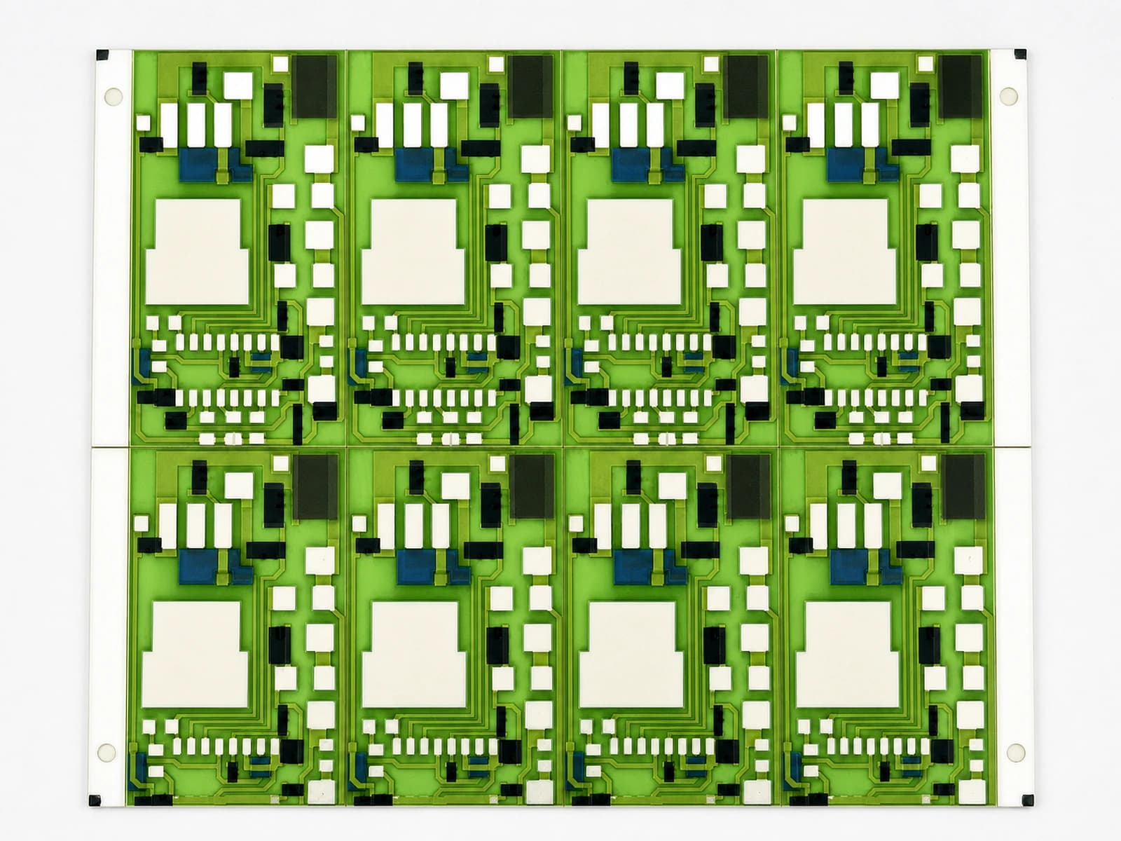Real alumina circuit panel photographed from above with multiple printed circuit units visible