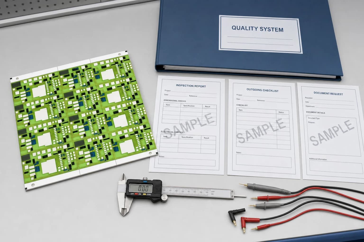 Panel of quality document samples with scope and result fields visible
