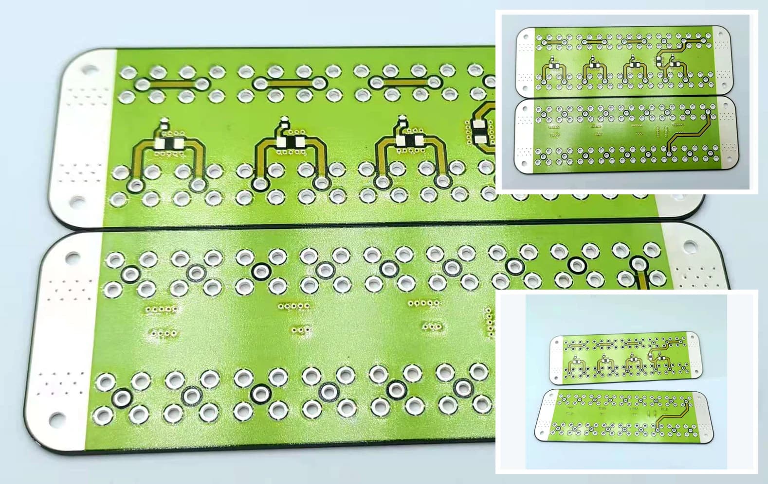 Documented real double-sided alumina thick film circuit pair with green protected regions, exposed ceramic edges, holes, and conductors