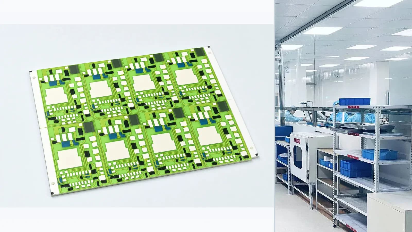 Composite view of cataloged glazed alumina thick-film circuit and separate production-floor context for Alumina Circuit Prototype-to-Batch Validation Plan
