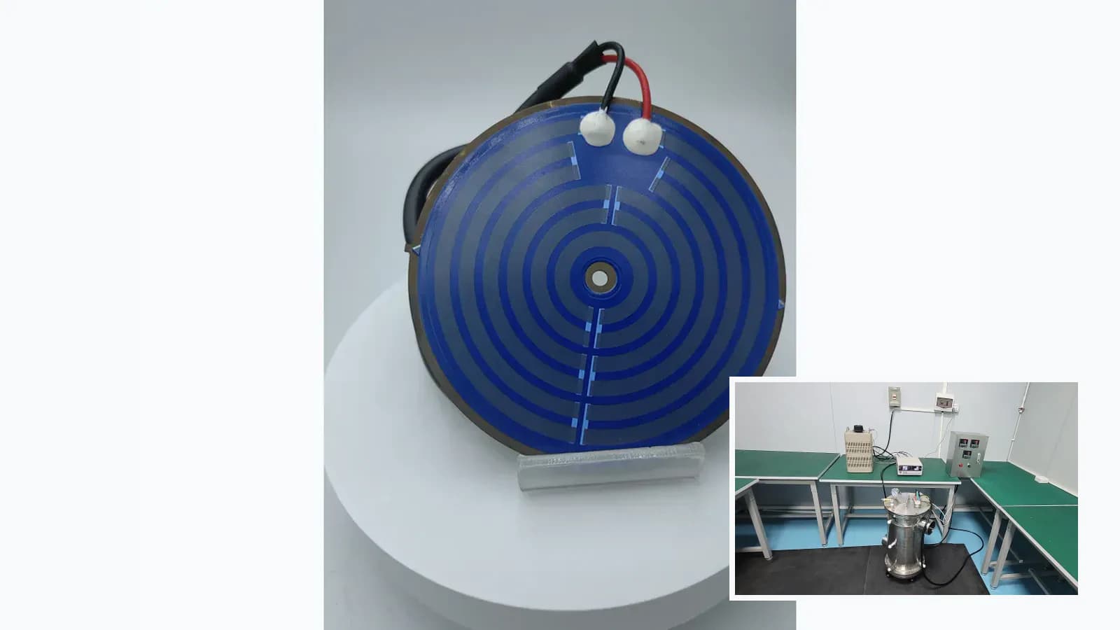 Composite view of cataloged metal or glazed ceramic heater products paired with separate heater-test or inspection context for Stainless Steel Heater Uniformity Engineering Review