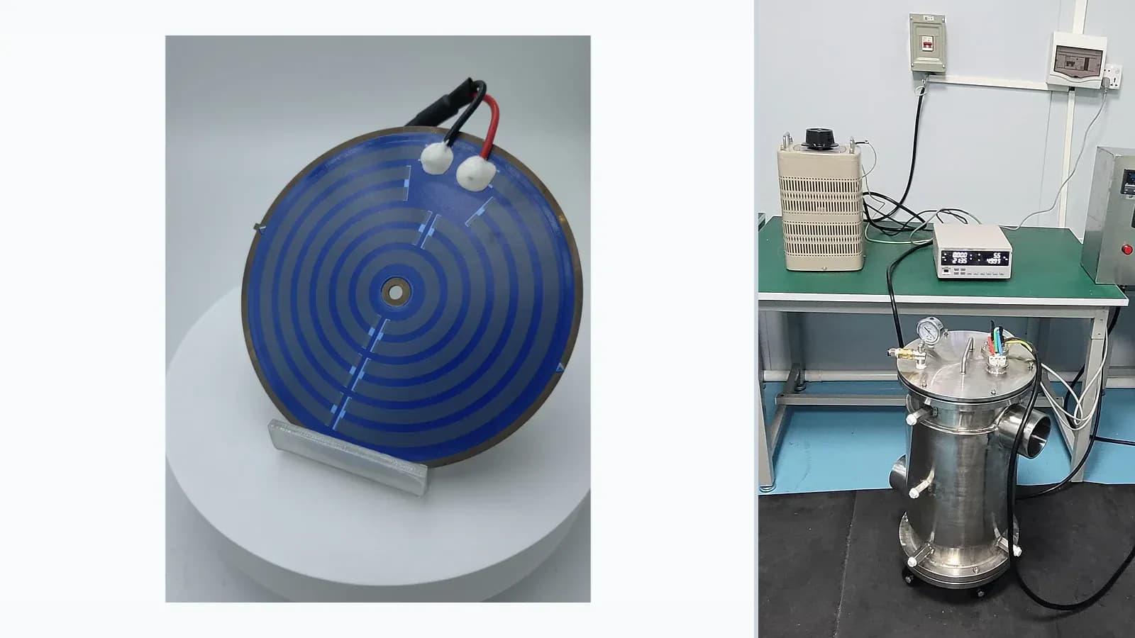 Composite view of cataloged metal or glazed ceramic heater products paired with separate heater-test or inspection context for Coffee-Machine Water Heater Engineering Review