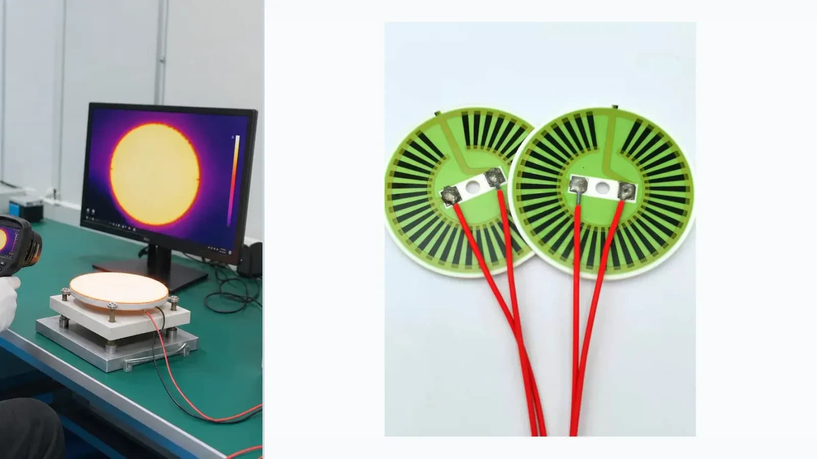 Composite view of cataloged metal or glazed ceramic heater products paired with separate heater-test or inspection context for Alumina Thick Film Heater Engineering Review