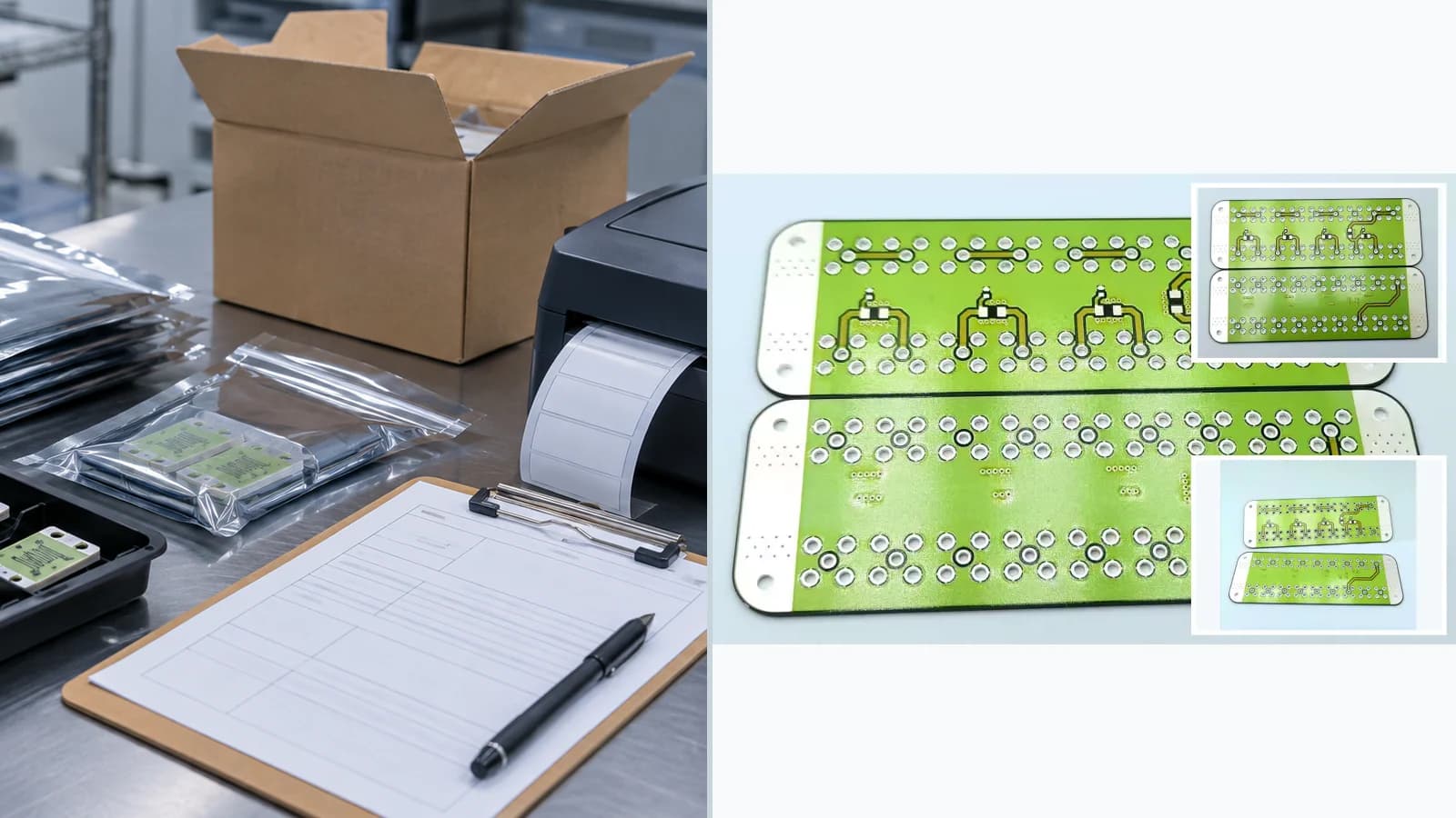 Composite view of cataloged FR4 carbon-track or hybrid products and separate production or packing context for Export Packaging and Traceability Engineering Review