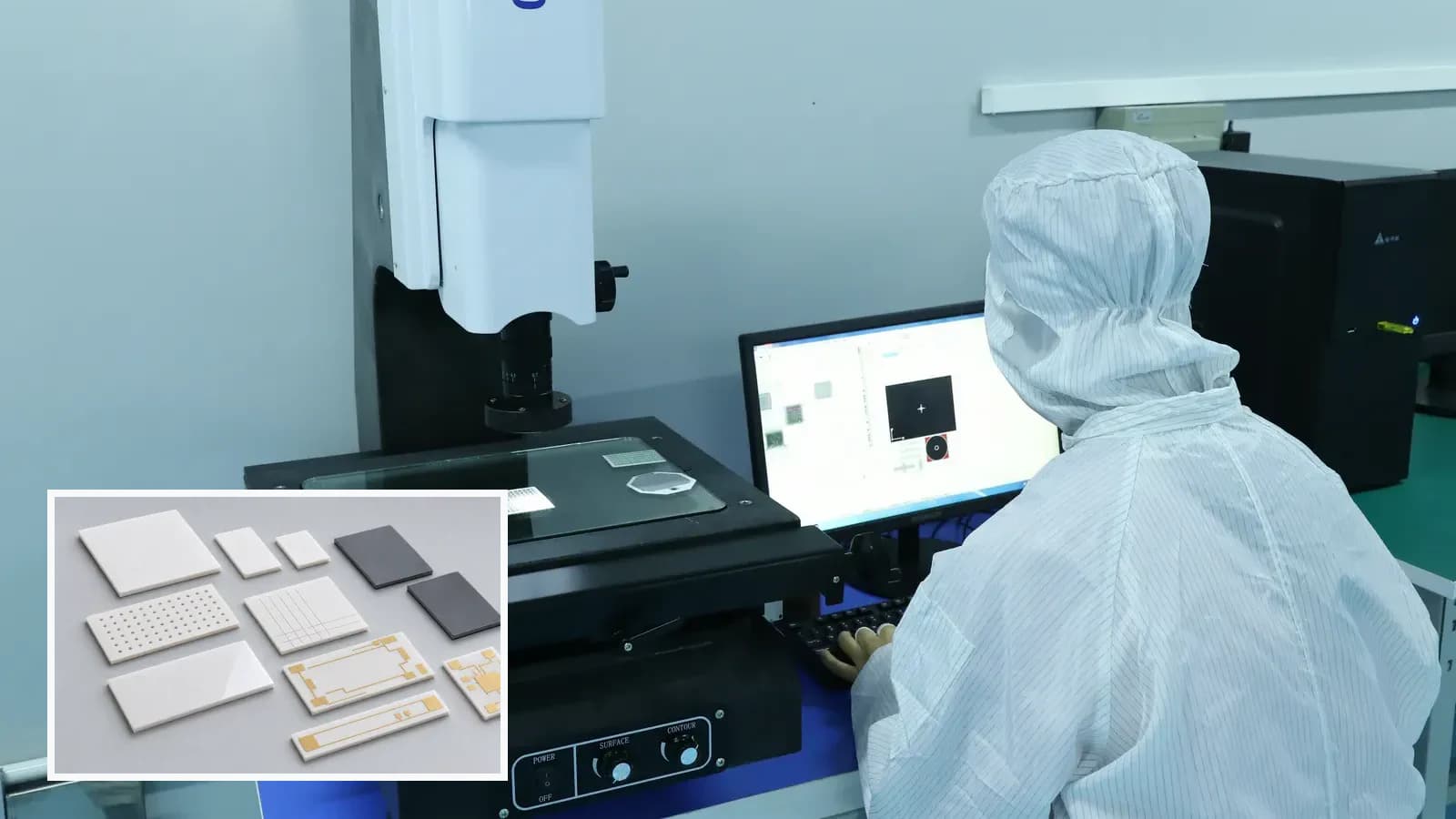 Composite view of optical image measurement on a ceramic sample paired with representative bare substrate forms for Incoming Ceramic Substrate Control
