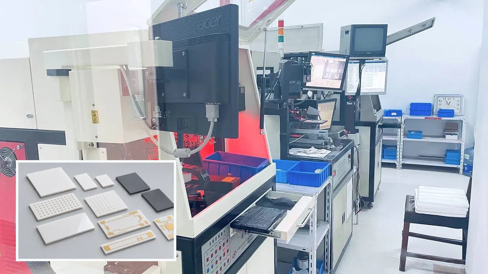 Composite view of laser-processing, ceramic aperture, via, double-sided routing, and optical inspection context for Ceramic Laser Drilling, Cutting, and Scribing