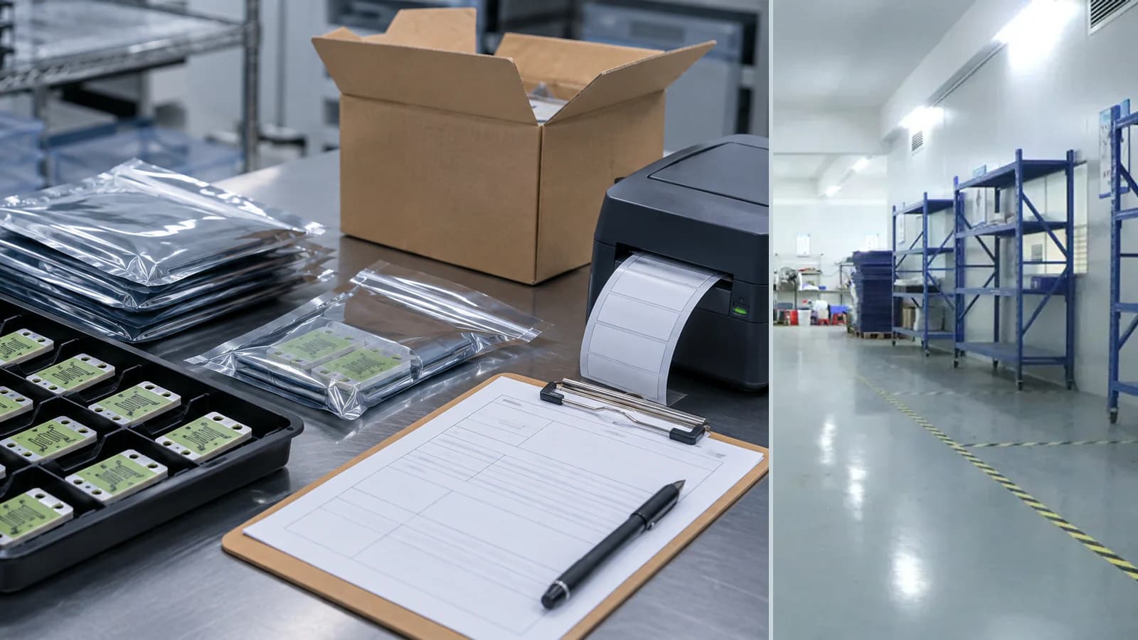Composite view of production, packing, material handling, product review, and optical inspection records from separate source photographs for Lot Traveler and Process Traceability