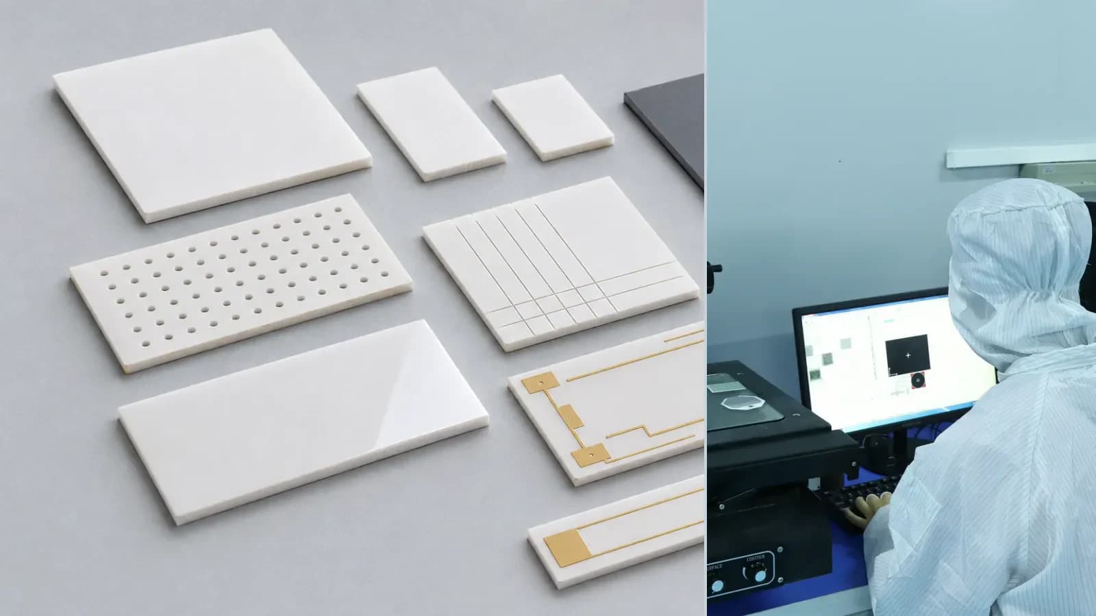 Composite view of bare, drilled, scribed, polished, and metallized ceramic substrate forms with related inspection or machining context for Ceramic Substrates for Thick and Thin Film Circuits