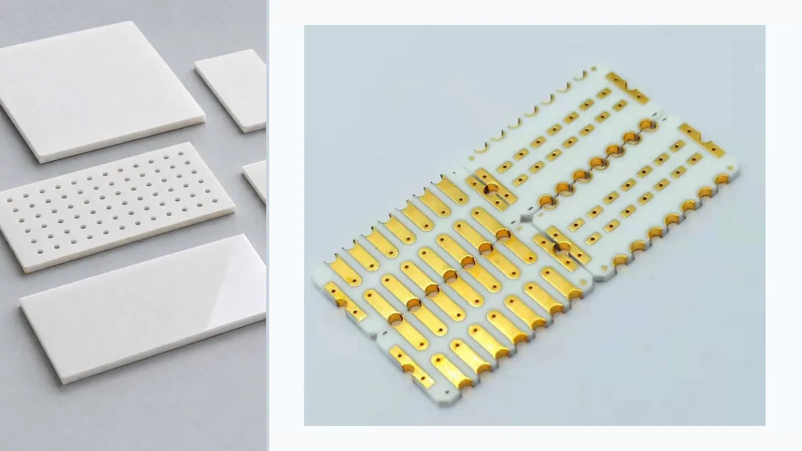 Composite view of ceramic parts with visible metallization, apertures, conductor paths, and edge features for Metallized Ceramic Substrates