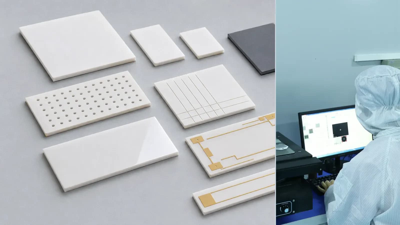 Composite view of bare, drilled, scribed, polished, and metallized ceramic substrate forms with related inspection or machining context for Laser-Drilled Ceramic Substrate