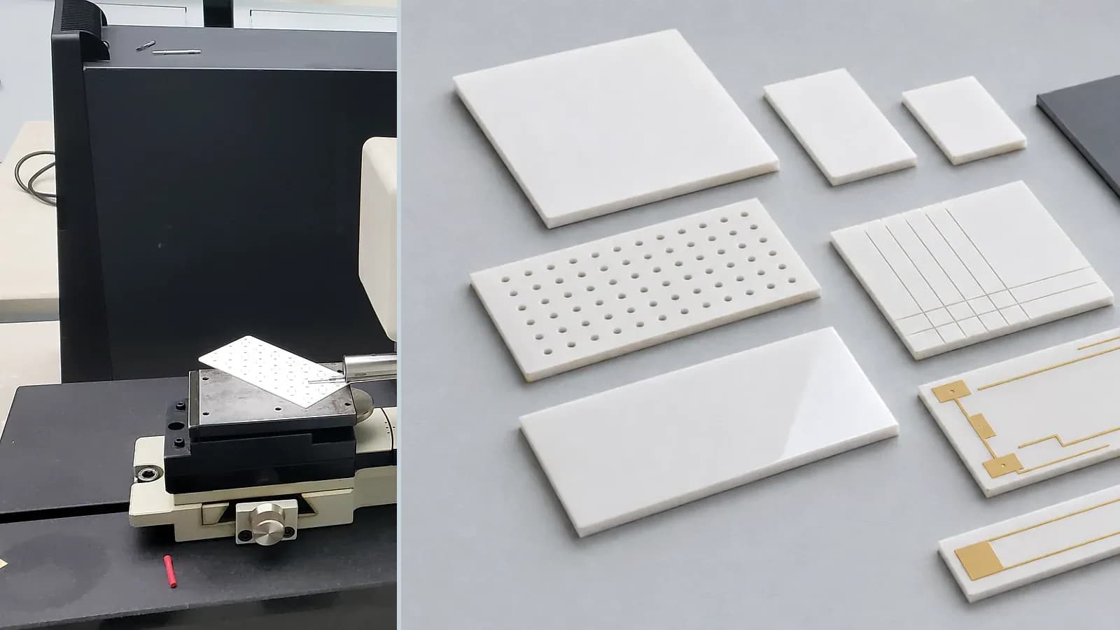 Composite view of bare, drilled, scribed, polished, and metallized ceramic substrate forms with related inspection or machining context for Laser-Scribed Ceramic Substrate