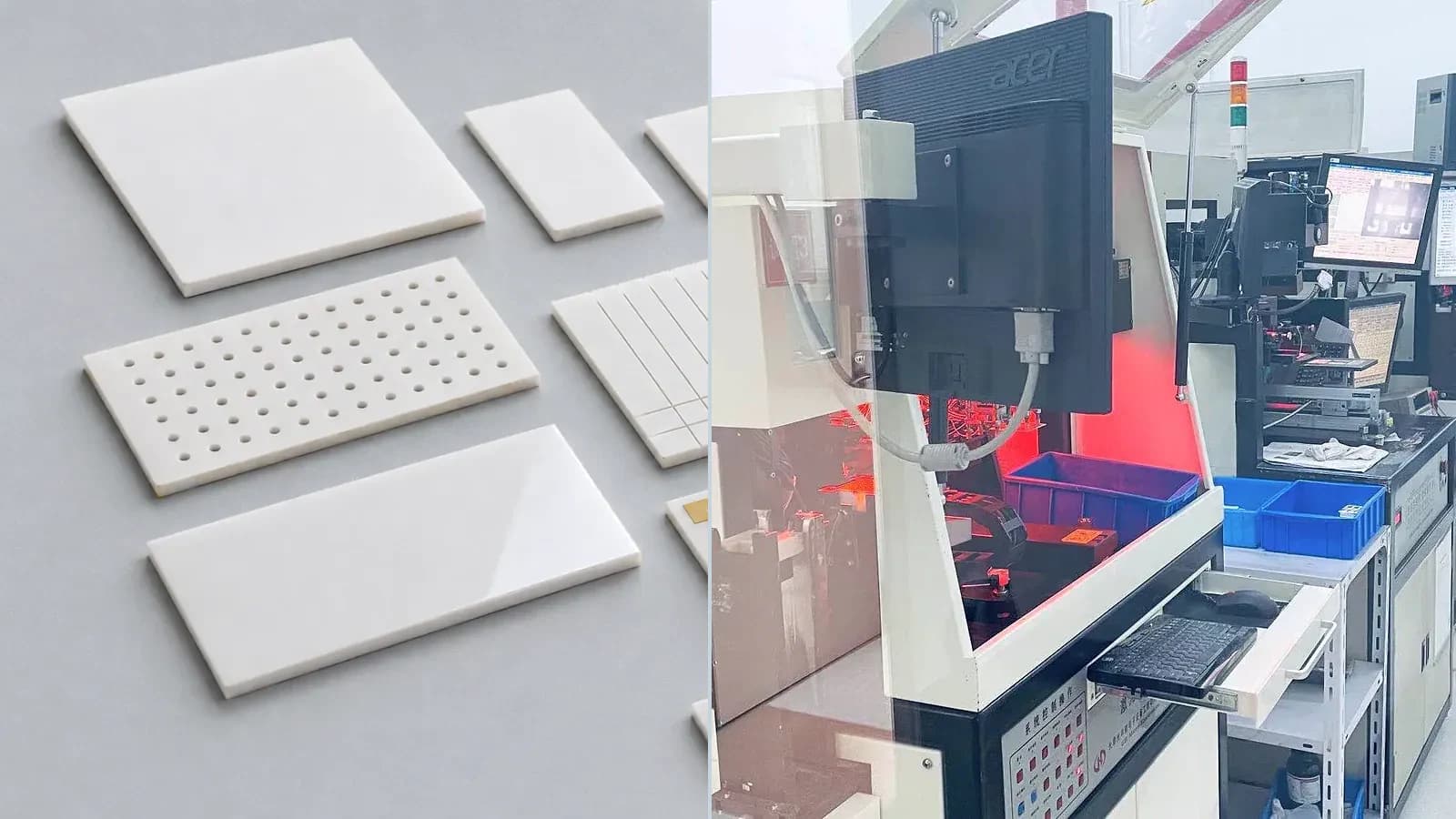 Composite view of bare, drilled, scribed, polished, and metallized ceramic substrate forms with related inspection or machining context for Lapped and Polished Alumina Substrate