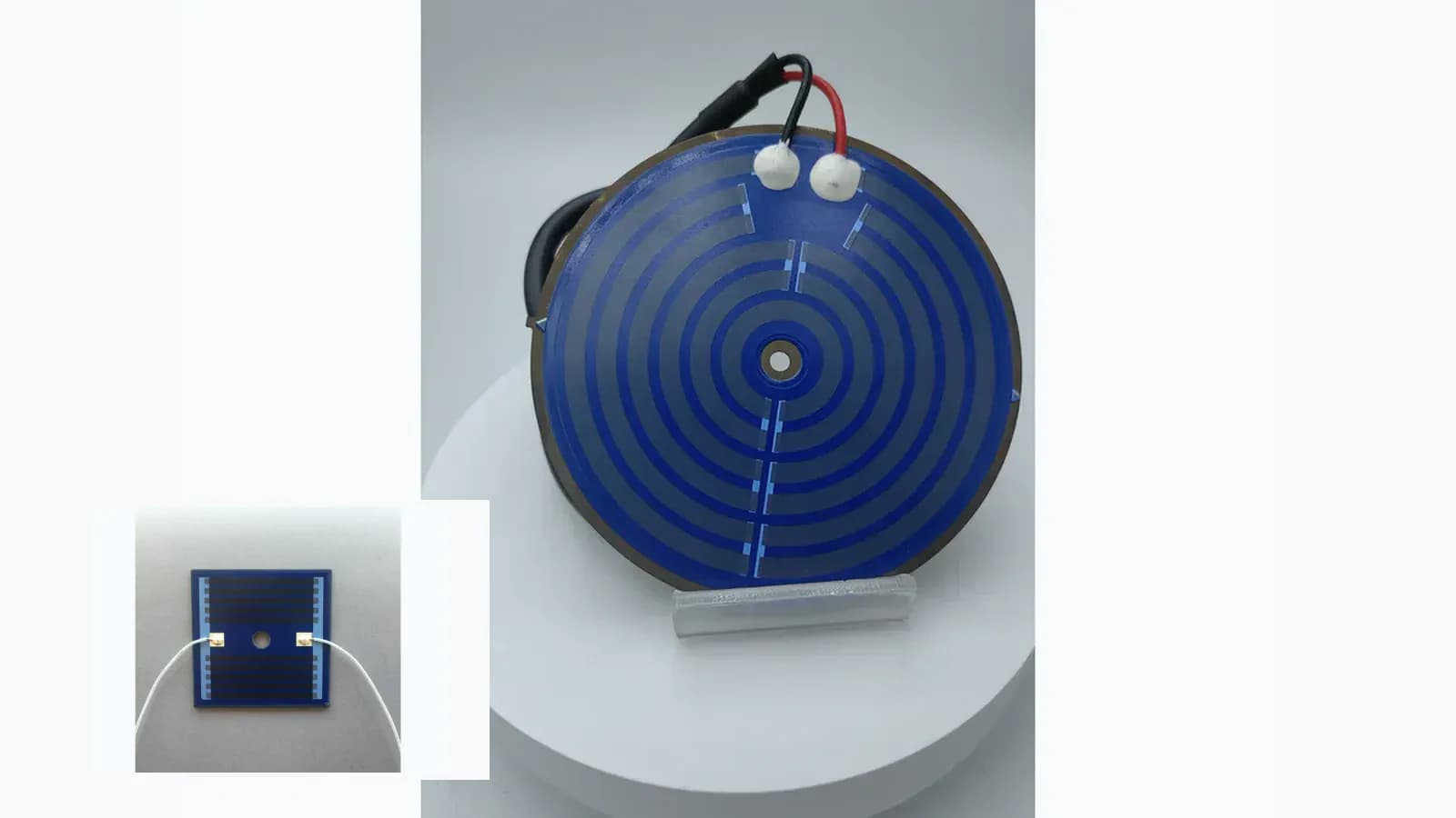Composite view of cataloged stainless heating plates with blue dielectric layers, dark printed tracks, and metal edges for Stainless Steel Thick Film Heater