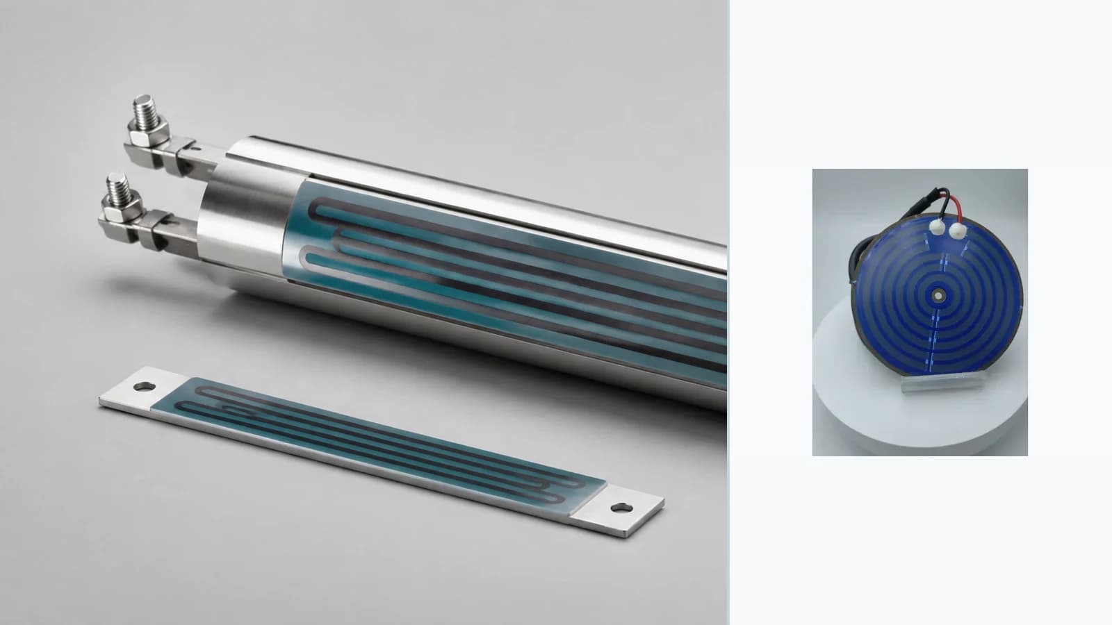 Composite view of representative tubular thick-film heater construction beside a cataloged flat stainless heating plate for Stainless Steel Tubular Thick Film Heater