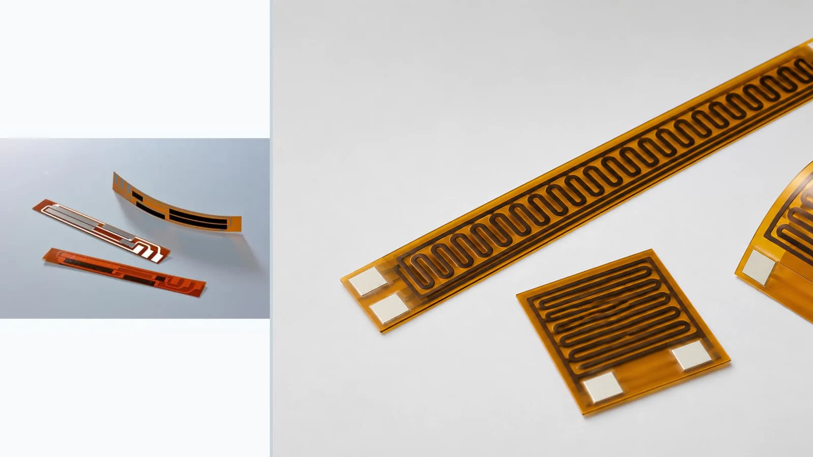 Composite view of representative amber PI heater forms beside a separate cataloged flexible printed sensor sample for PI Flexible Thick Film Heater
