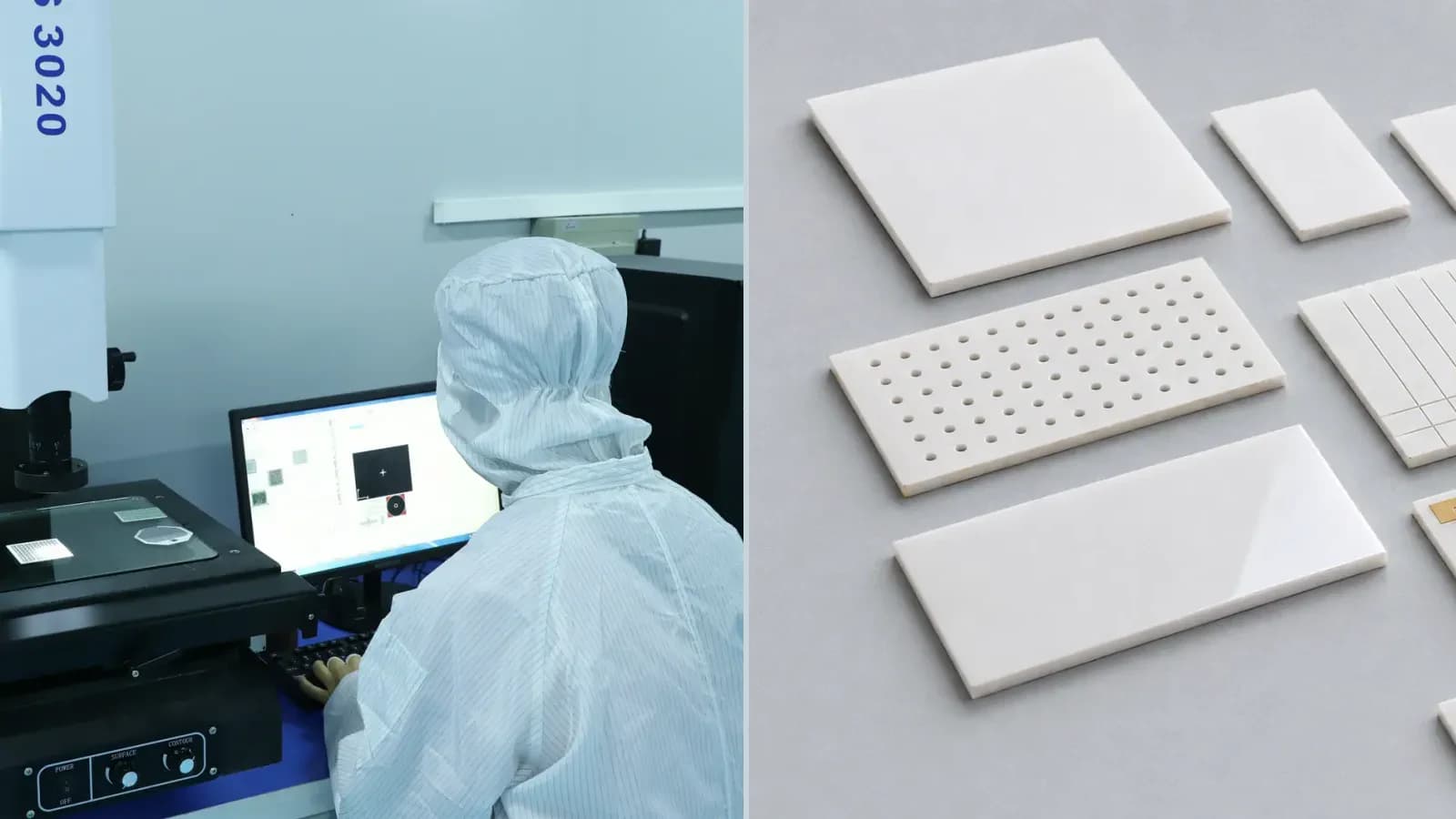Composite view of operator at an optical image-measurement system paired with representative bare ceramic substrates for Incoming Ceramic Substrate Inspection