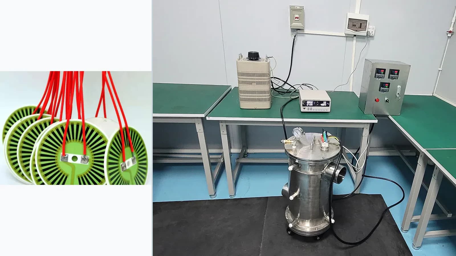 Composite view of heater products and thermal or environmental reliability context with clearly visible glazed ceramic resistor structures for Thick Film Heater Power-Cycling Test
