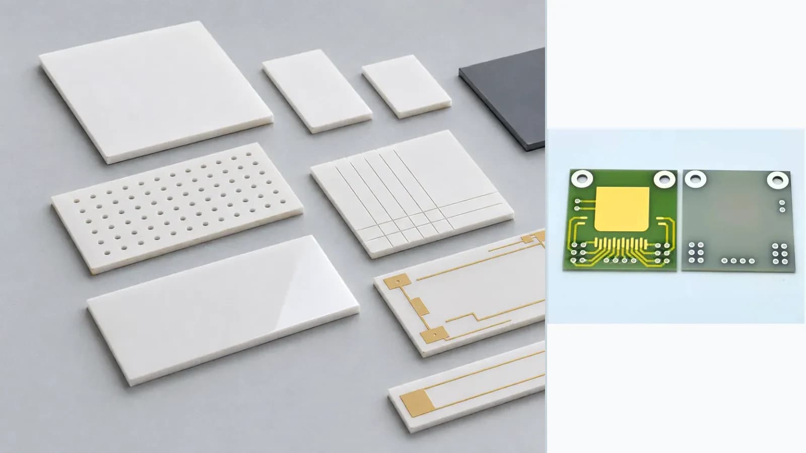 Composite view of cataloged heater products or representative ceramic substrates paired with separate laboratory or product context for Ceramic Substrate Selection Matrix
