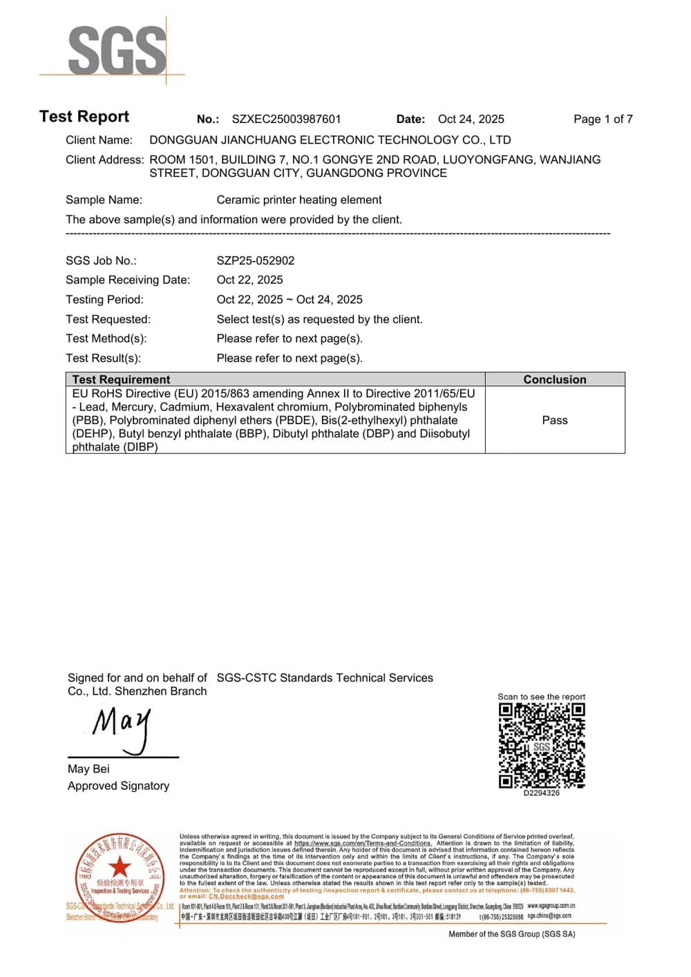 Page one of SGS EU RoHS test report SZXEC25003987601 for the identified ceramic printer heating element sample