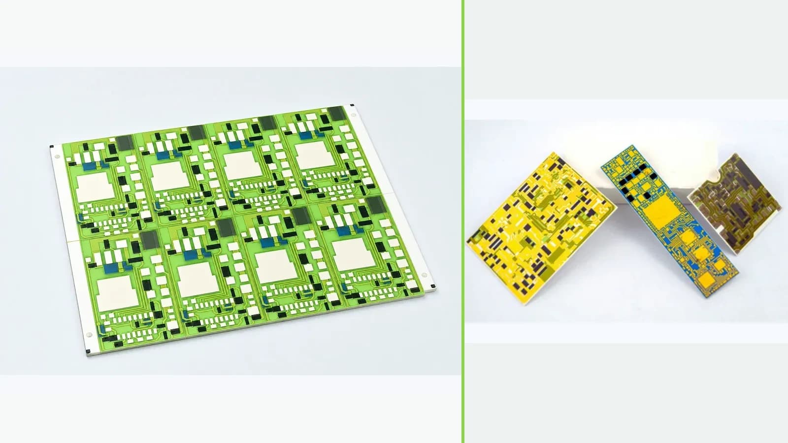 Real glazed ceramic thick film circuit and real hybrid-circuit assemblies shown as a photographic review pair