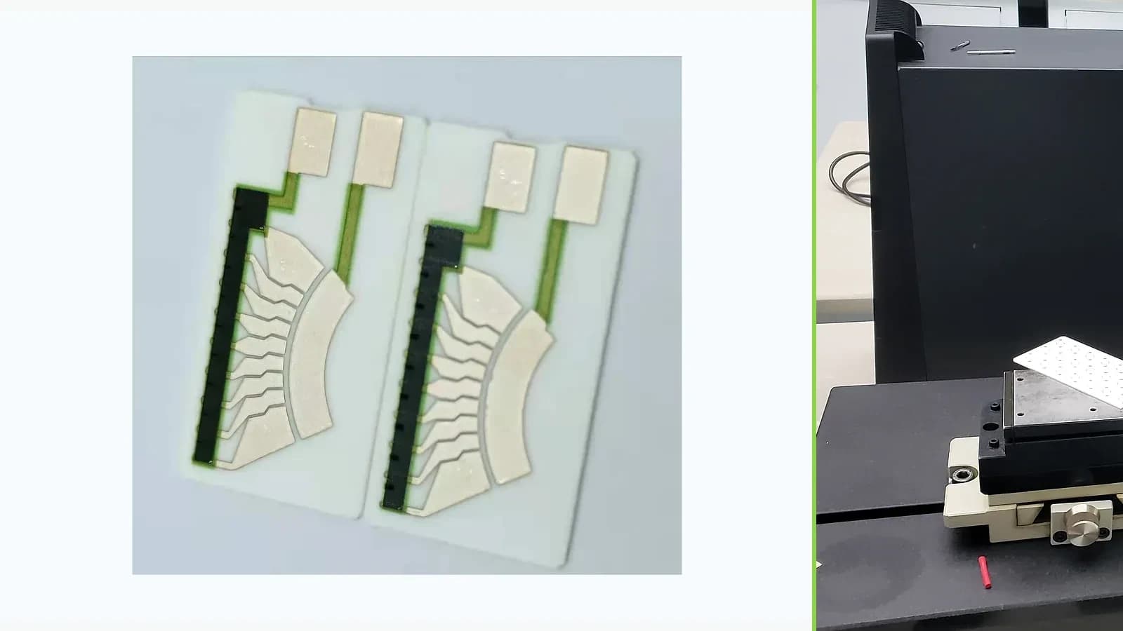 Real ceramic sensor resistor cards paired with a separate company measurement-laboratory photograph