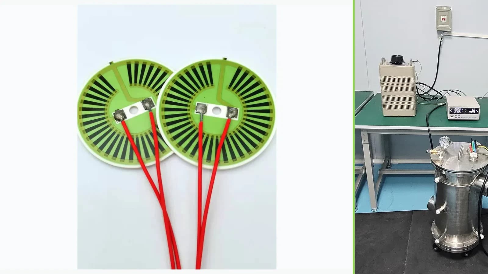 Real glazed ceramic thick film heater products paired with a separate company heater-test laboratory photograph