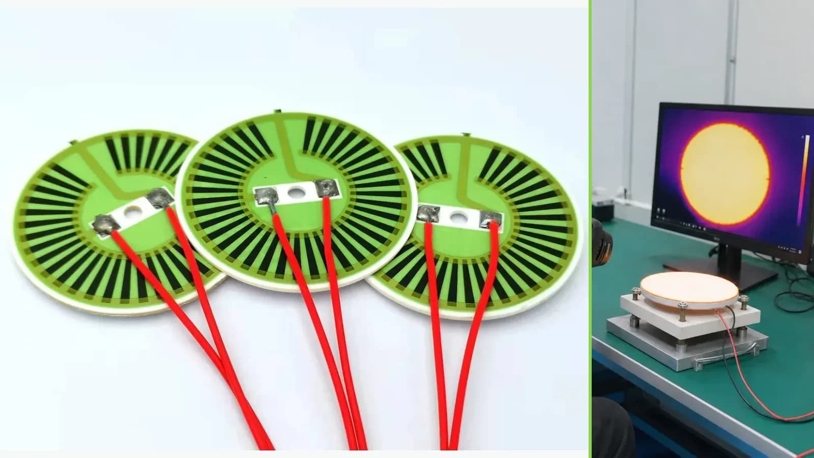 Real glazed ceramic thick film heater products paired with a separate company thermal-inspection photograph