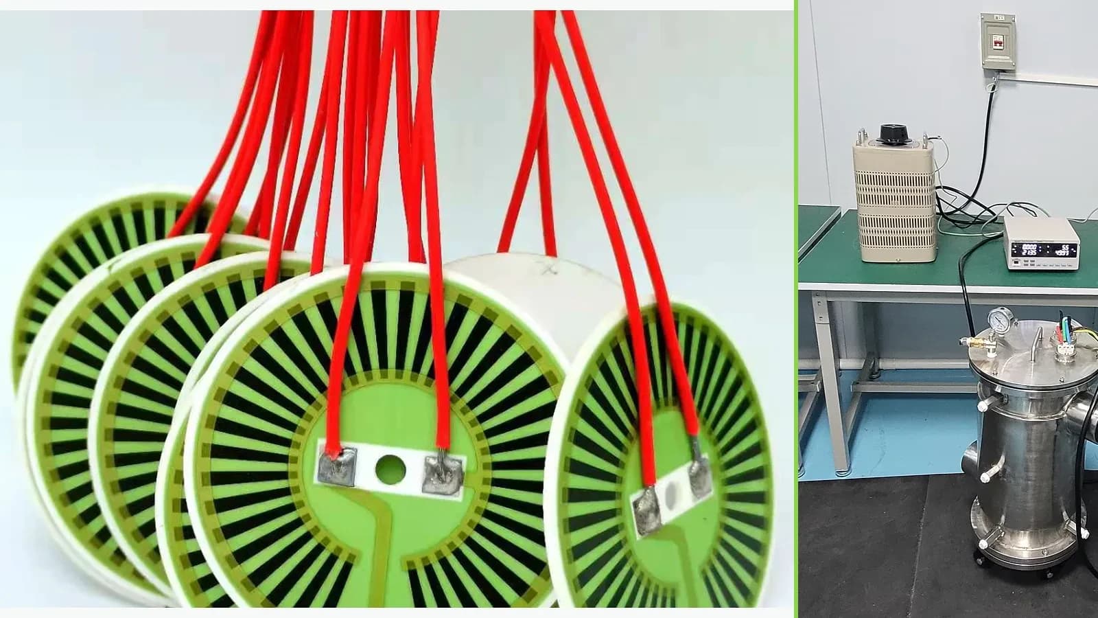 Real glazed ceramic thick film heater products paired with a separate company heater-test laboratory photograph