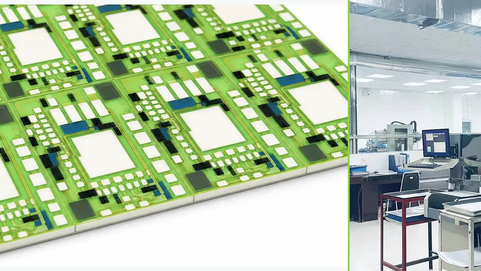 Real glazed thick film circuit panel paired with a separate company thermal-processing workshop photograph