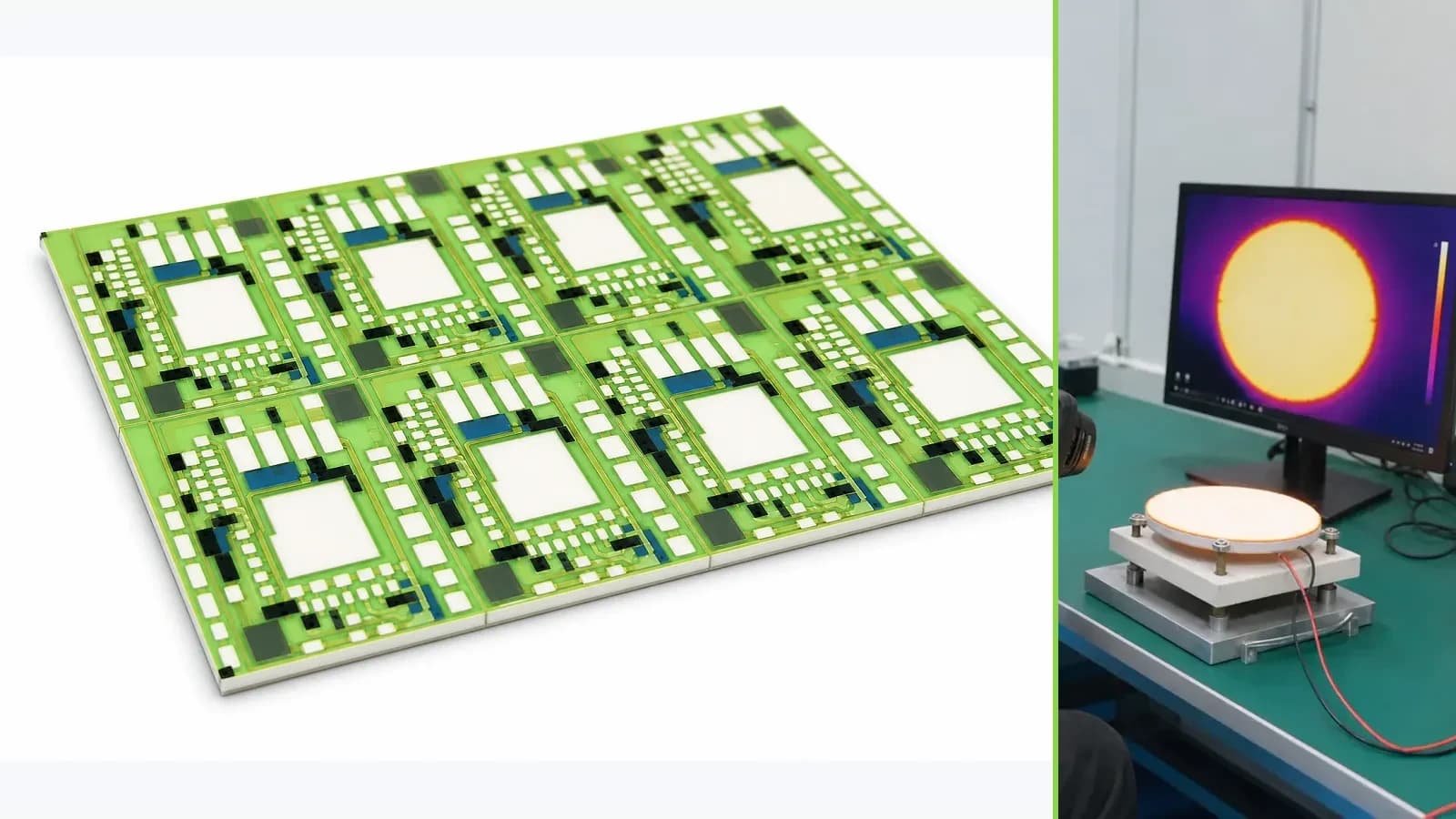 Real glazed ceramic thick film circuit panel paired with a separate company thermal-inspection laboratory photograph