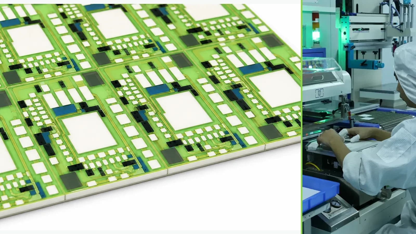 Real glazed thick film circuit panel paired with a separate company screen-printing equipment photograph