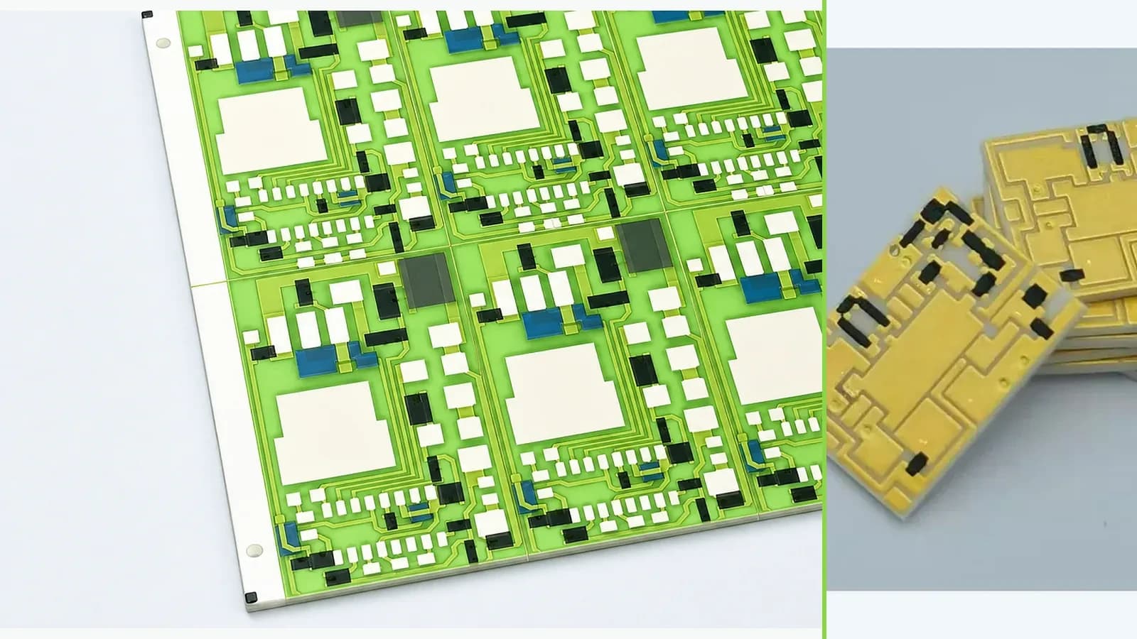 Real glazed ceramic thick film circuit panel paired with a separate company microscope-inspection photograph