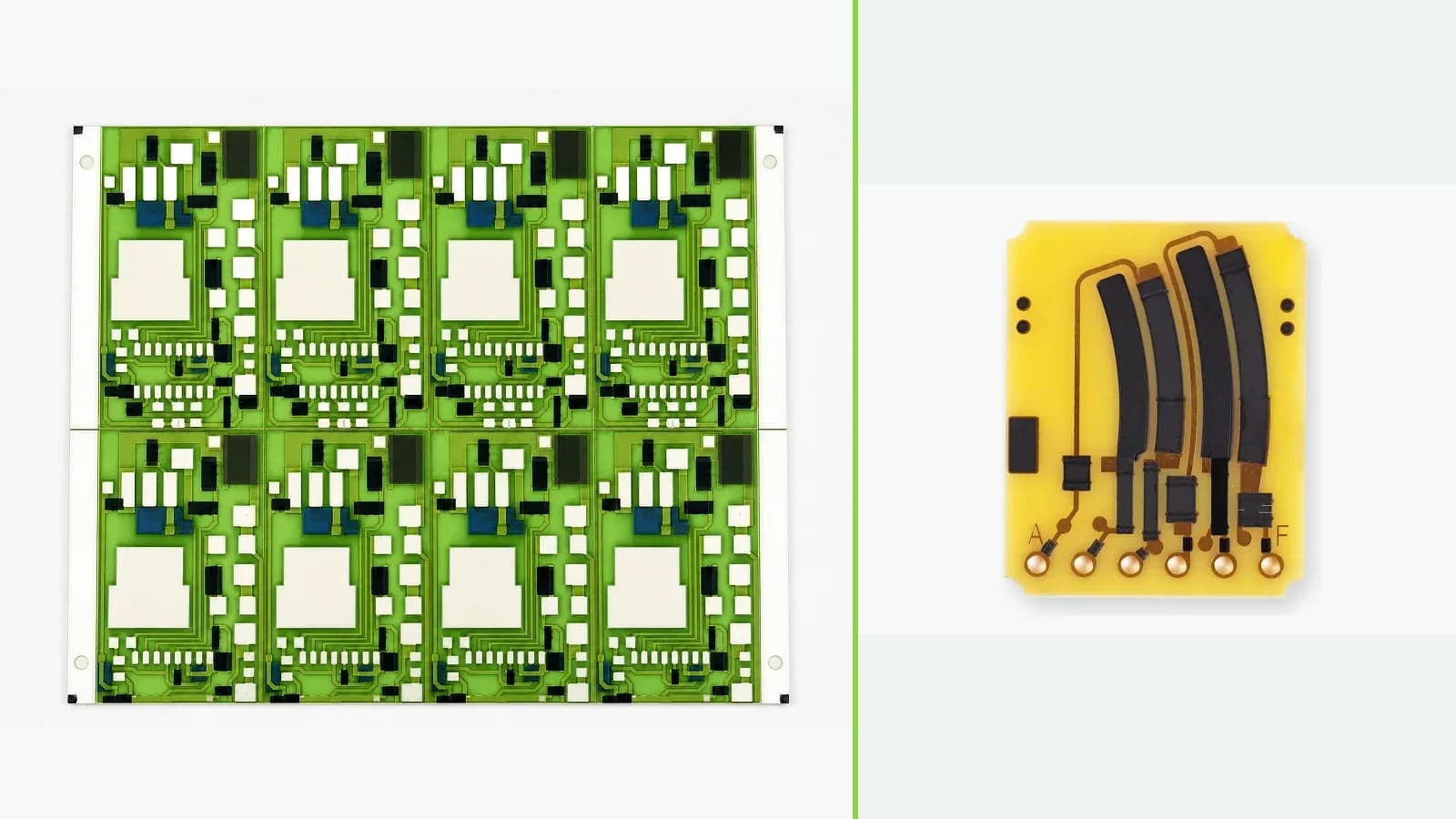Real glazed ceramic thick film circuit and real FR4 carbon-track circuit shown as a photographic comparison
