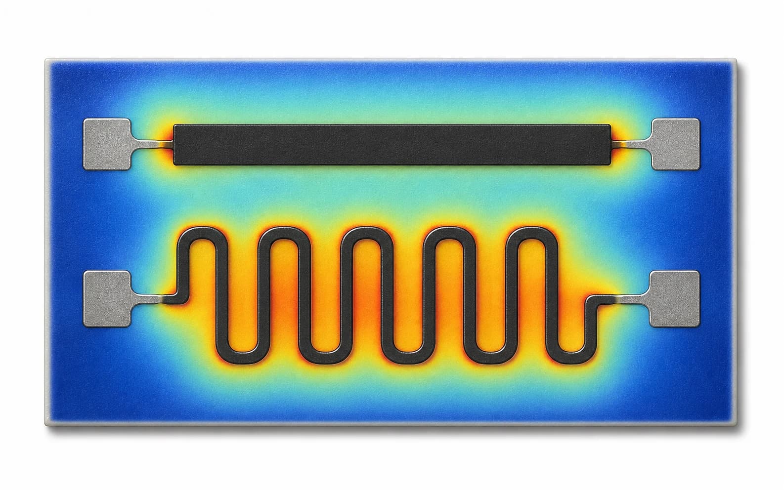 Engineering illustration of a uniform printed resistor strip beside a serpentine trace