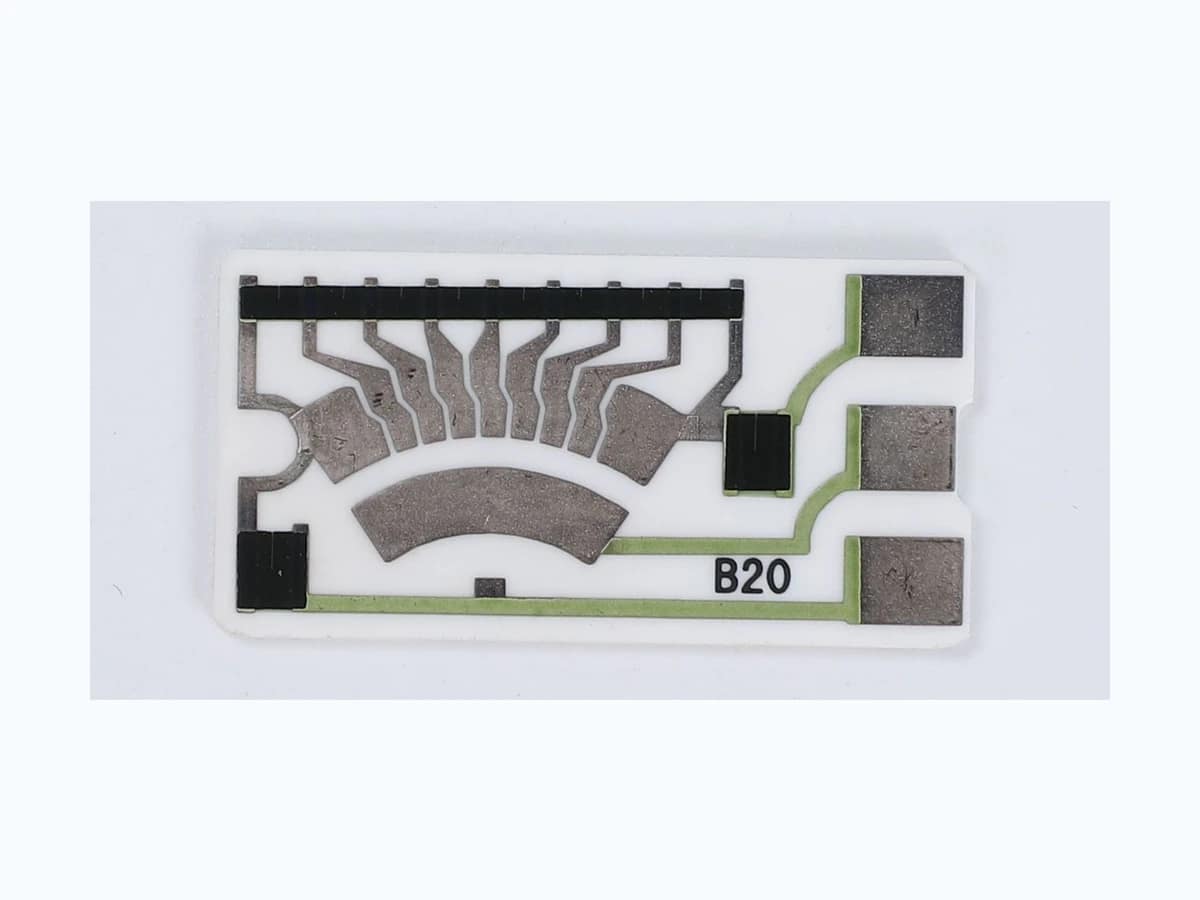 Complete automotive fuel gauge resistor card with arc tracks and terminal pads