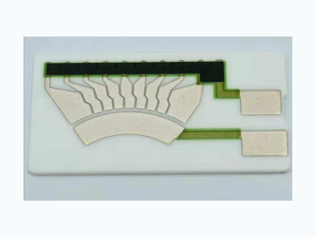 Complete fuel level sensor resistor card with printed segmented arc and terminal pads