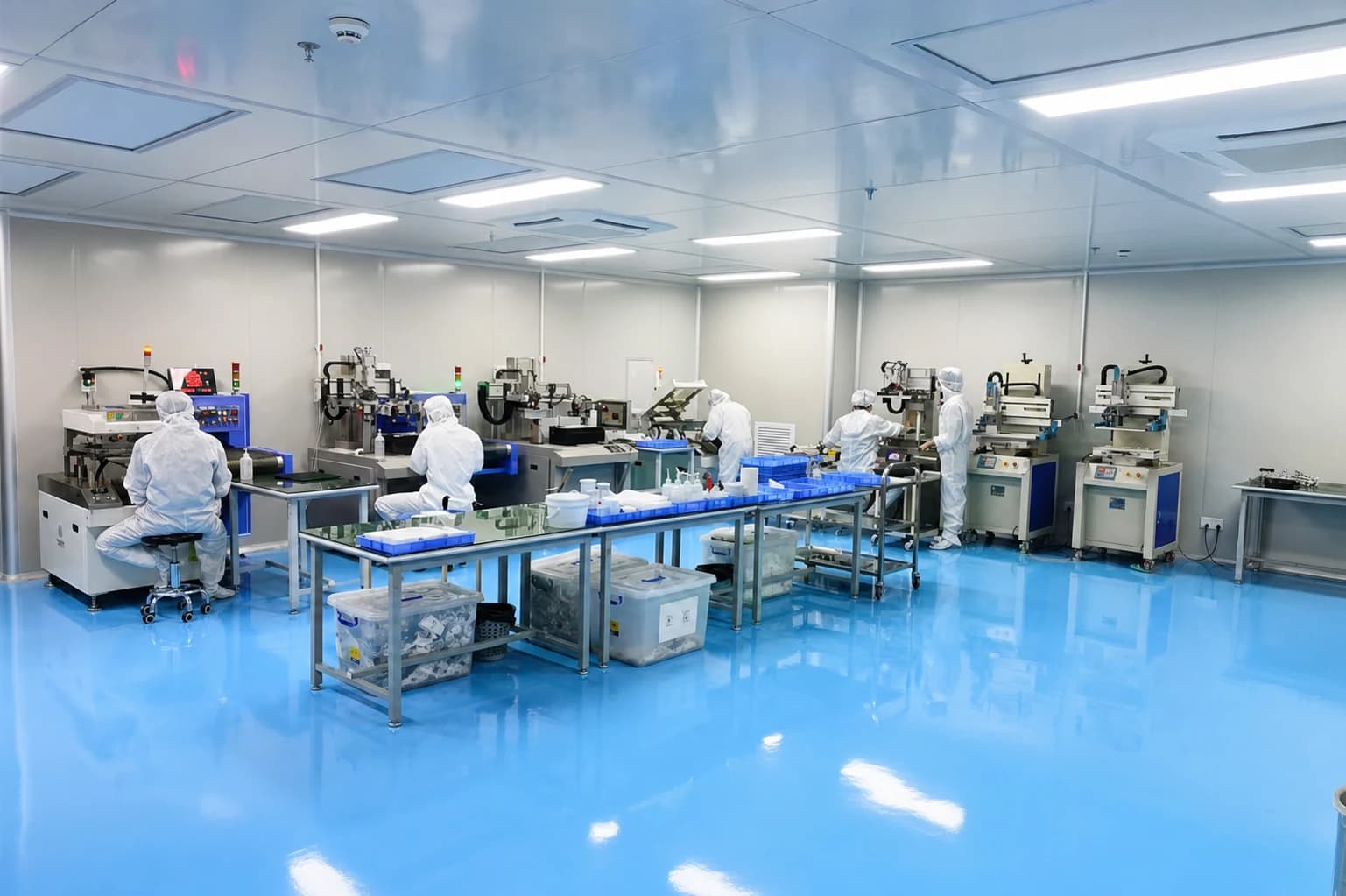 Wide view of a thick film screen-printing workshop with operators and printing equipment