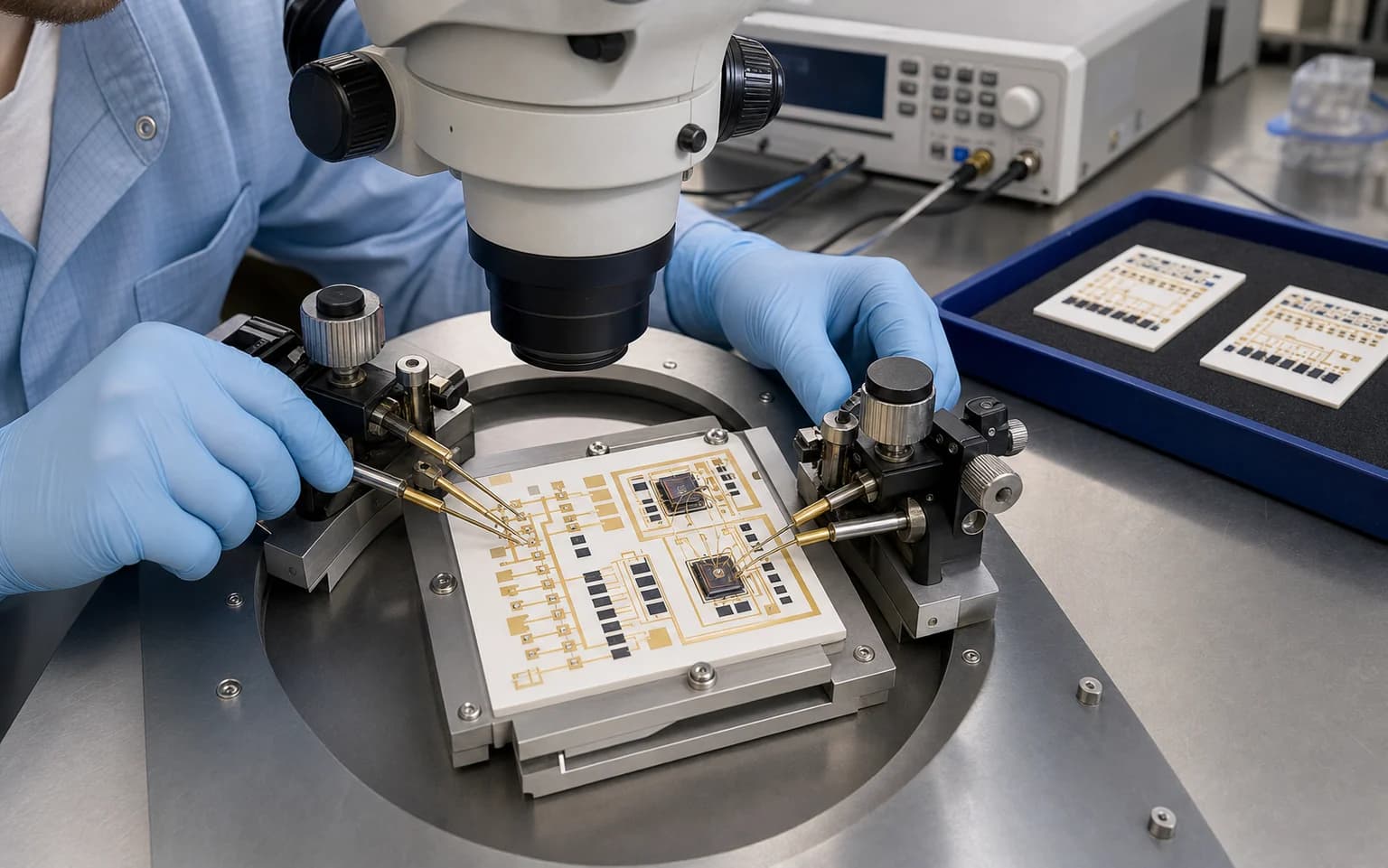 Alumina thick film hybrid ceramic circuit under microscope and electrical probe inspection