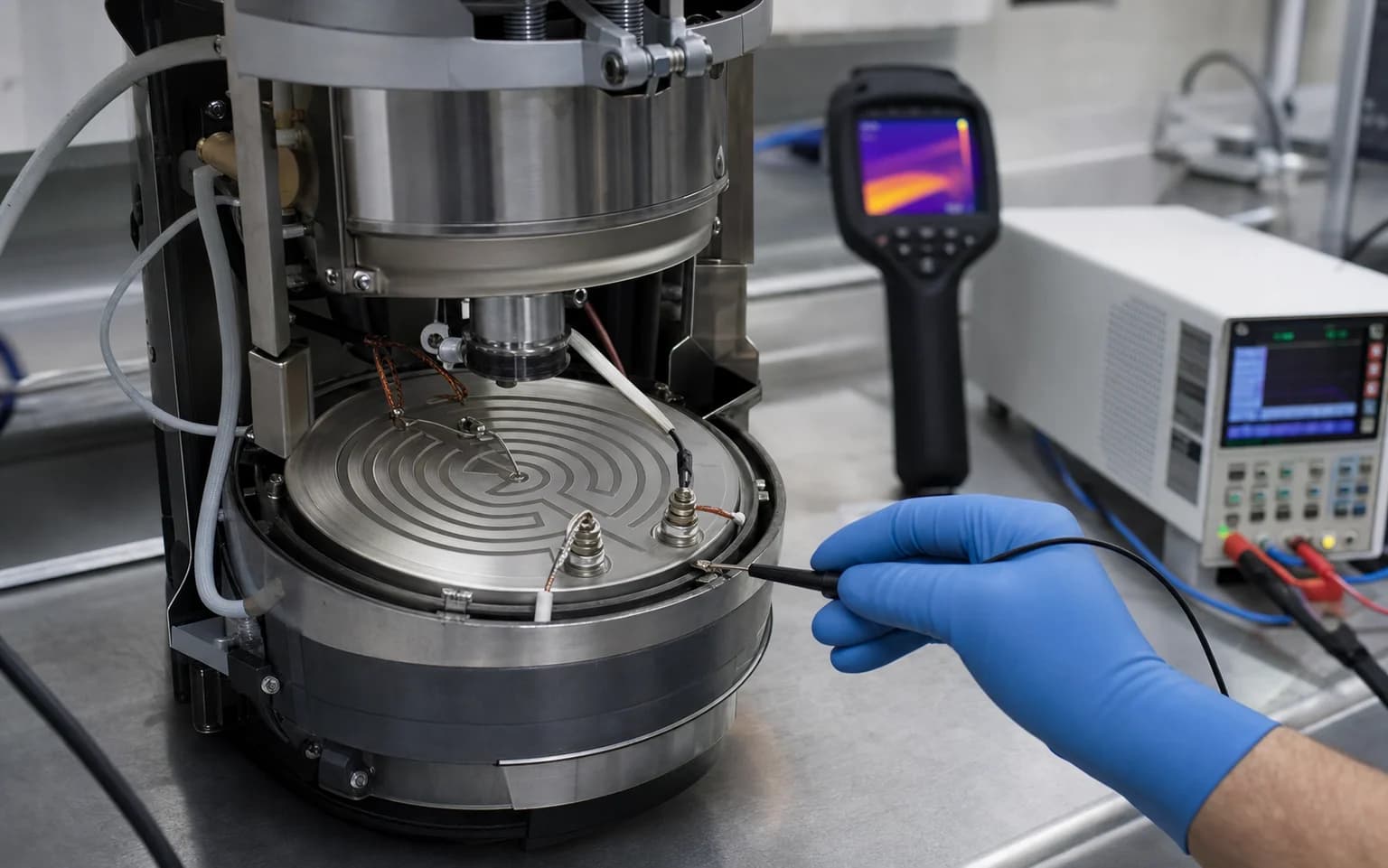 Round stainless steel thick film heater integrated into a thermal validation assembly