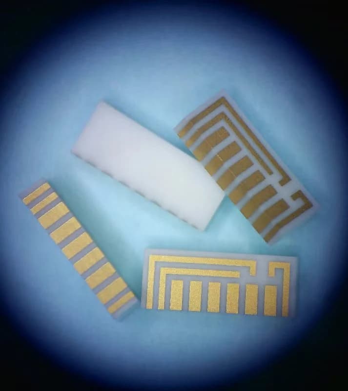 Company thin film sample group with fine return paths, comb-shaped contact patterns and a plain light-colored piece